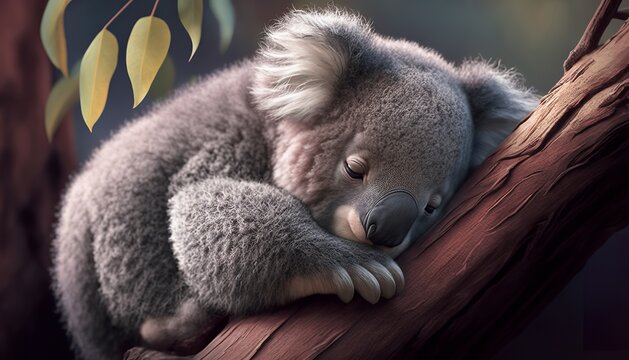 A sleepy baby koala curled up in a tree