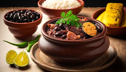 Brazilian traditional feijoada. traditional brazilian dish made with beans, meat and usually accompanied by rice, oranges and kale. ai generative