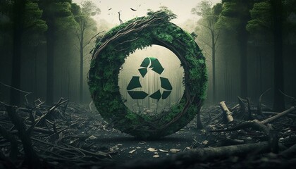 recycling symbol in the middle of the destroyed and deforested forest. concept of recycling, deforestation and nature protection. ai generative content