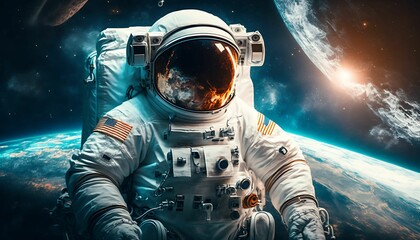 Obraz na płótnie Canvas Astronaut cosmonaut discovery of space nebula with Generative AI Technology.