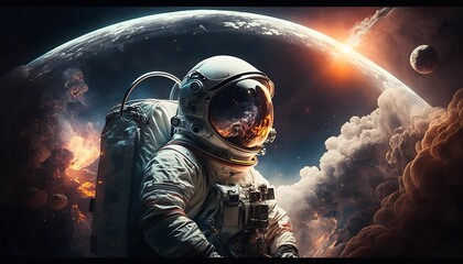Astronaut cosmonaut discovery of space nebula with Generative AI Technology.