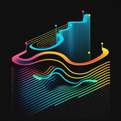 Abstract neon vector line waves on black background, generative ai
