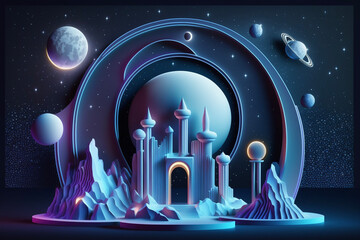 Outerspace pastel neon product pedestal podium diorama with celestial planets moons stars, generative ai