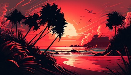 Tropical Island Abstract Travel Poster and Wallpaper - Generative Ai Illustration