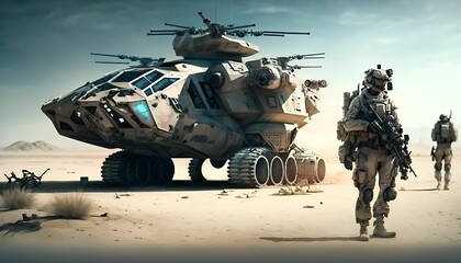 Future military concept. with future military vehicles with Generative AI Technology.