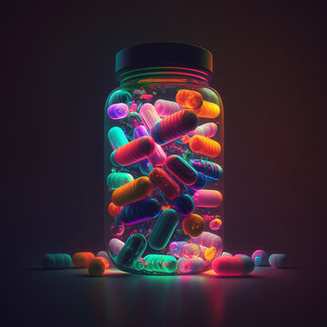 Neon abstract vector medicine pill bottle illustration, generative ai