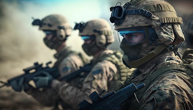 The concept of military units. soldiers with arms and Command Center between smoke in battle field.