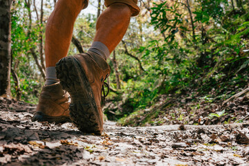 Low angle photo of a hiker in motion. Close up of hiking boots in motion on a hiking trail in the...