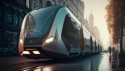 Obraz premium Urban mobility future - tram, metro, subway in futuristic city with Generative AI Technology.