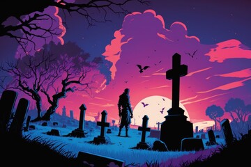 Spooky Halloween Night in Comic Style: Silhouette Graveyard Illustration, generative ai