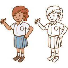 親指を立てる 赤髪に小麦色の肌の女子学生 様々な人種の学生イラストシリーズ ブレザー制服 全身