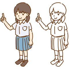 人差し指を立てる アジア系の女子学生 様々な人種の学生イラストシリーズ ブレザー制服 全身