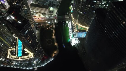 Night aerial drone video Miami River and Brickell Bridge