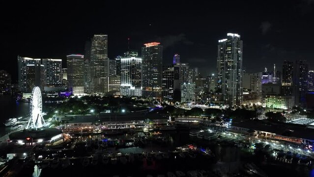 Night aerial drone approach City of Miami