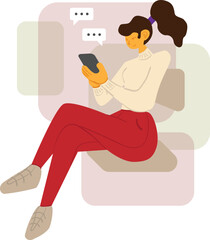 Woman texting while sitting flat pastel illustration with earth tones.