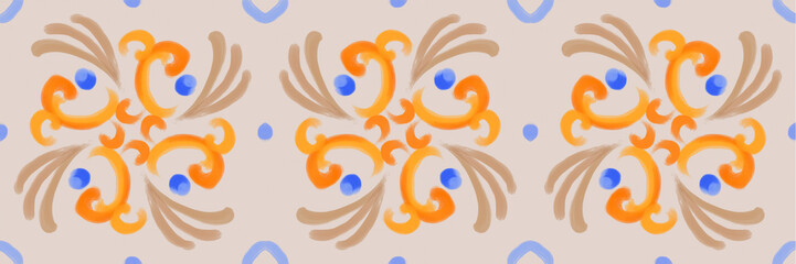 Set of illustrations - ceramic tile stylization with blue ornaments. Azulejos portugal, Turkish ornament, Moroccan tile mosaic, Talavera ornament.