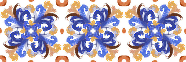 Set of illustrations - ceramic tile stylization with blue ornaments. Azulejos portugal, Turkish ornament, Moroccan tile mosaic, Talavera ornament.