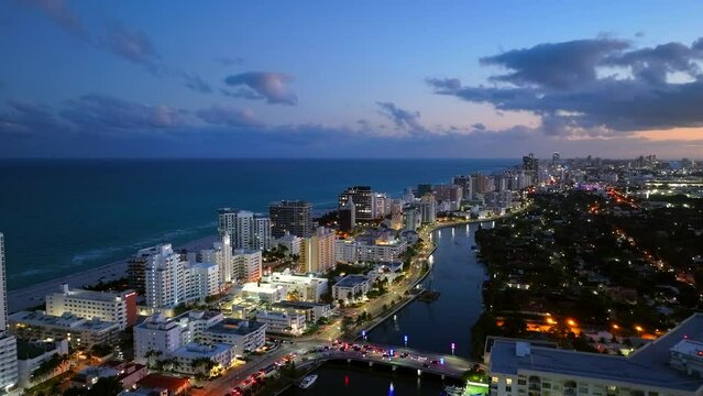 Aerial pull out video Miami Beach twilight to night