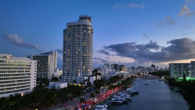 Aerial Miami Beach Fontainebleau Hotel twilight drone video