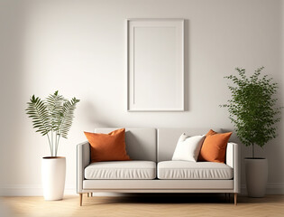 frame poster mockup on the wall, modern and well decorated living room interior