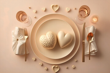 Romantic dinner table setting with heart shaped food, beige background, heart shaped food, View from above, Valentine's Day, created with Generative AI technology 