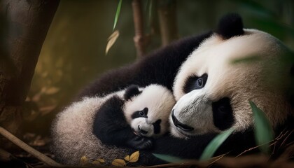 A baby panda cub snuggling with its mother in a bamboo forest
