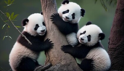 Obraz premium A mischievous panda cub playing with its siblings in a tree
