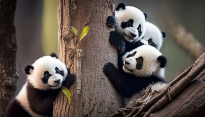 Obraz premium A mischievous panda cub playing with its siblings in a tree