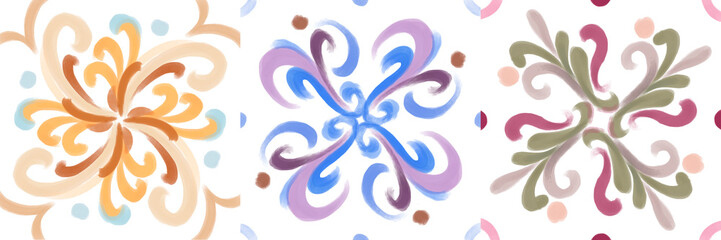 Set of illustrations - ceramic tile stylization with blue ornaments. Azulejos portugal, Turkish ornament, Moroccan tile mosaic, Talavera ornament.
