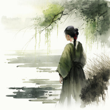 oriental woman looking at landscape, Generative AI
