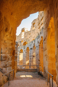 Corridor in ruins of the largest coliseum in North Africa. El Jem,Tunisia, UNESCO
