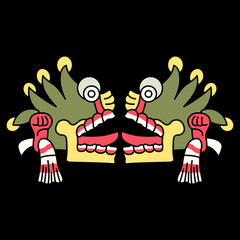 Symmetrical ethnic design with two Aztec skulls with open mouths and tongues stick out. Native American symbol from Mexican codex. On black background.