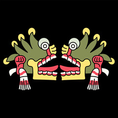 Symmetrical ethnic design with two Aztec skulls with open mouths and tongues stick out. Native American symbol from Mexican codex. On black background.