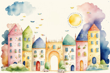 Fototapeta premium architeArchitecture, Building, Watercolor, Hand drawn landscape background, Colorful sketch, AI creative environment ctural building watercolor Genarative AI