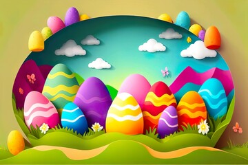 Vektor-Illustration von fröhlichen Osterferien mit bemaltem Ei,  auf buntem Hintergrund. International Spring Celebration Design mit Typografie für Grußkarten, Partyeinladungen, generative AI