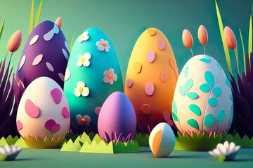 Vektor-Illustration von fr&ouml;hlichen Osterferien mit bemaltem Ei,  auf buntem Hintergrund. International Spring Celebration Design mit Typografie f&uuml;r Gru&szlig;karten, Partyeinladungen, generative AI