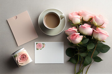 Obraz na płótnie Canvas Coffee and roses on the desk.