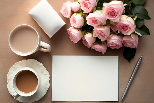 Coffee and roses on the desk.