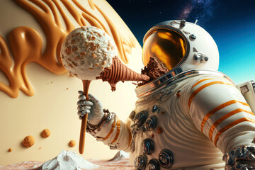 Fototapeta na wymiar astronaut eating ice cream, ai