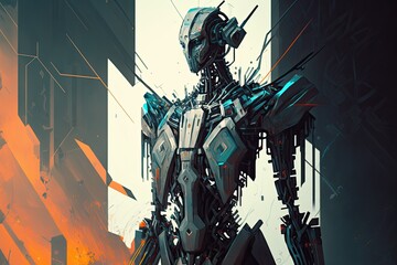 Futuristic Robot: A humanoid robot  stands amidst abstract background. Generative AI