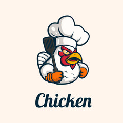 Fried chicken rooster chef mascot logo for food restaurant concept branding in vector cartoon style