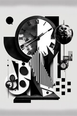 Black and White Mixed Media Clock Time Collage Generative AI