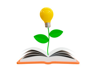 3d minimal growth mindset. Student learning growth concept. Reading a book to get a new idea. Knowledge seeking. Light bulb growing from a textbook. 3d rendering illustration.
