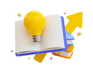 3d minimal self-development concept. Self-learning concept. Reading a book to get a new idea. Knowledge seeking. Textbook with a light bulb. 3d rendering illustration. - obrazy, fototapety, plakaty