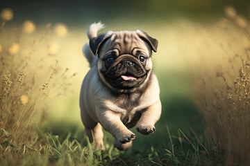 Plakat Adorable puppy pug smile and happiness. Purebred dog. Generative AI