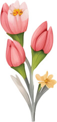 Spring Love Flowers Watercolor Illustration. Lovely Pink Tulip Flowers Spring decoration watercolor design elements.