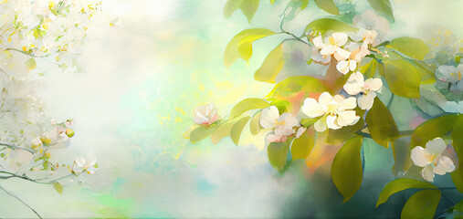 Obraz premium abstract spring background. blooming garden, apple tree branches in bloom, a sunny spring day. watercolor drawing generative ai in pastel color