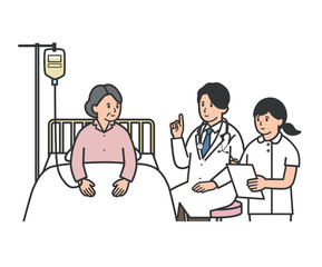 入院する年配女性に説明する医師と看護師