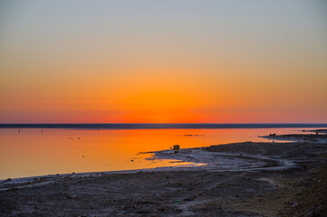 Beautiful sunrise on salt lake Chott el Djerid, Sahara desert, Tunisia, Africa, HDR