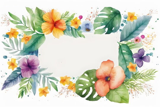 watercolor tropical flower and leaf frame background template, created with generative ai	